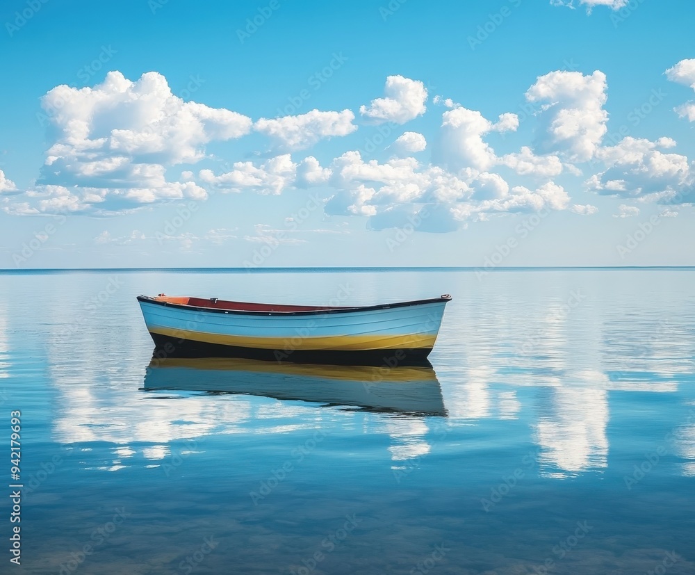 Calm waters reflecting a colorful boat under a blue sky with clouds Calm waters reflecting a colorful boat under a blue sky with clouds