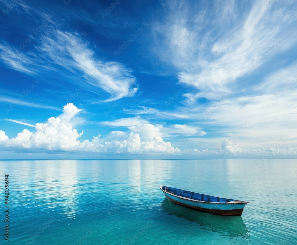 Calm waters and a small boat under a bright blue sky by the shore Calm waters and a small boat under a bright blue sky by the shore