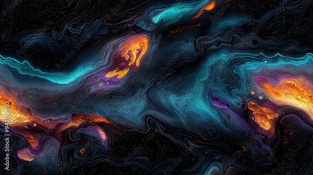 Fototapeta premium A painting of swirling blues, oranges, and purples on a black canvas with yellow and red accents