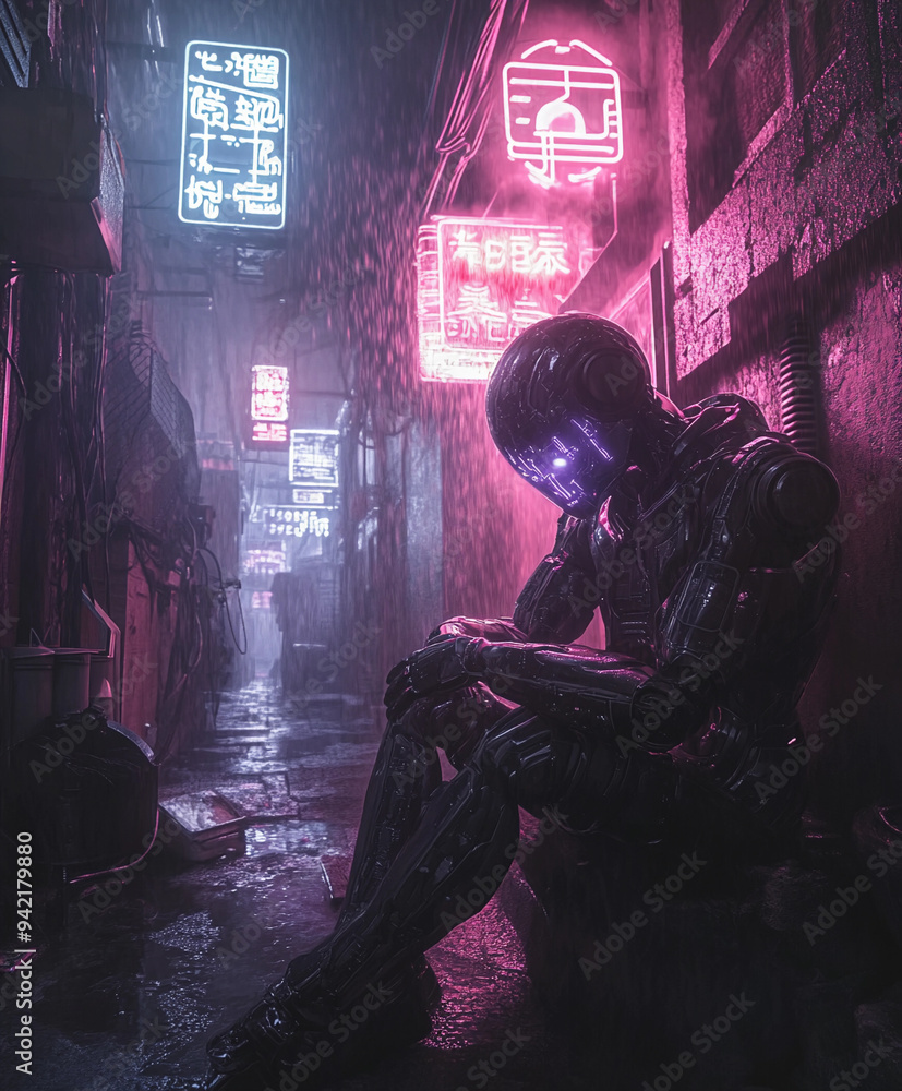 humanoid robot sitting in a rain-soaked alleyway of a dystopian city, illuminated by flickering neon signs humanoid robot sitting in a rain-soaked alleyway of a dystopian city, illuminated by flickering neon signs