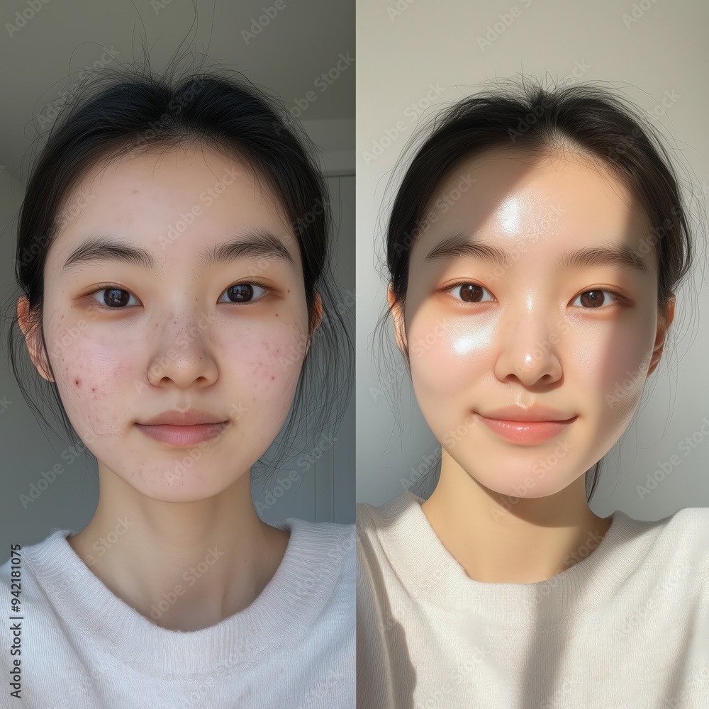 Asian Girl Achieves Glass Skin Effect with Skincare Treatment Asian Girl Achieves Glass Skin Effect with Skincare Treatment