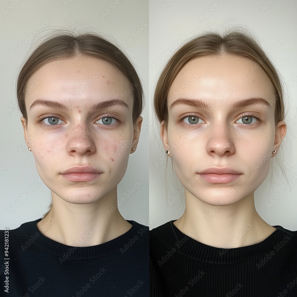 Before and after images of a model showcasing the effects of skincare treatment with creme and lotion. Before and after images of a model showcasing the effects of skincare treatment with creme and lotion.