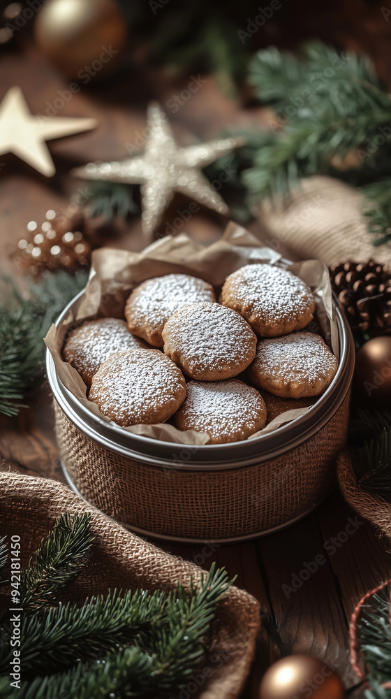A round tin box filled with homemadecookies. The cookies, dusted lightly with powdered sugar, are neatly arranged inside the box, some spilling out onto the surface. A round tin box filled with homemadecookies. The cookies, dusted lightly with powdered sugar, are neatly arranged inside the box, some spilling out onto the surface.