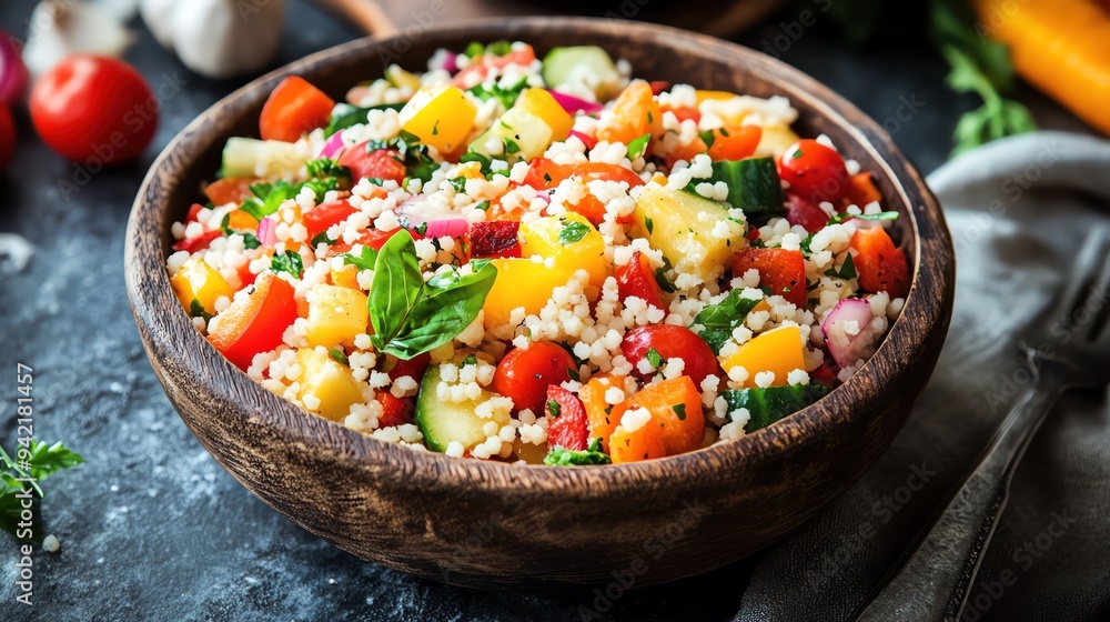 A vibrant couscous salad with mixed vegetables, beautifully arranged in a rustic bowl A vibrant couscous salad with mixed vegetables, beautifully arranged in a rustic bowl