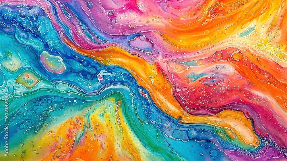 A close-up of a vibrant painting adorned with numerous droplets of water at its base A close-up of a vibrant painting adorned with numerous droplets of water at its base