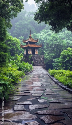 Serene stone path leading to an ancient pagoda surrounded by lush green forest on a peaceful rainy day