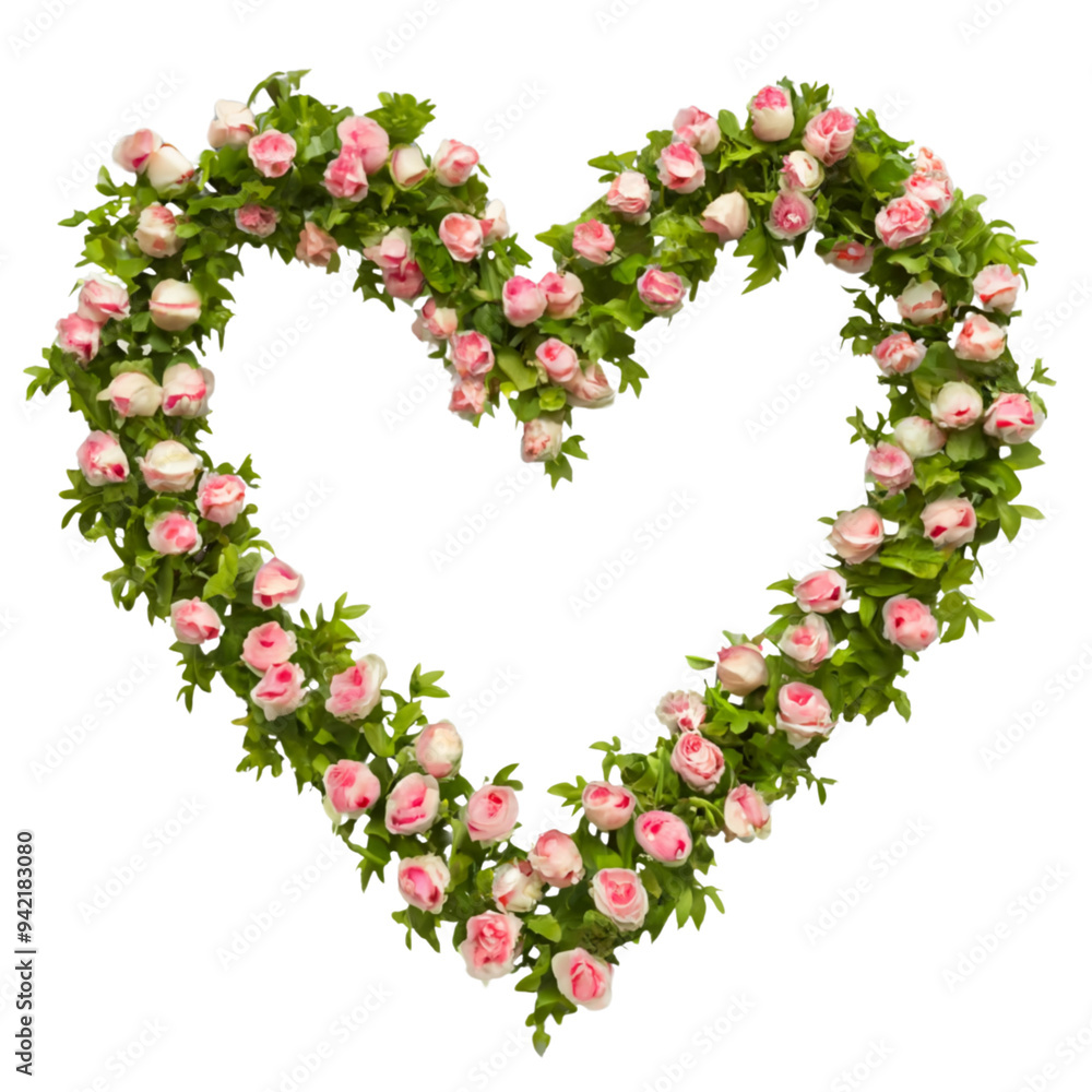 floral heart frame made with pink flowers and green leaves floral heart frame made with pink flowers and green leaves