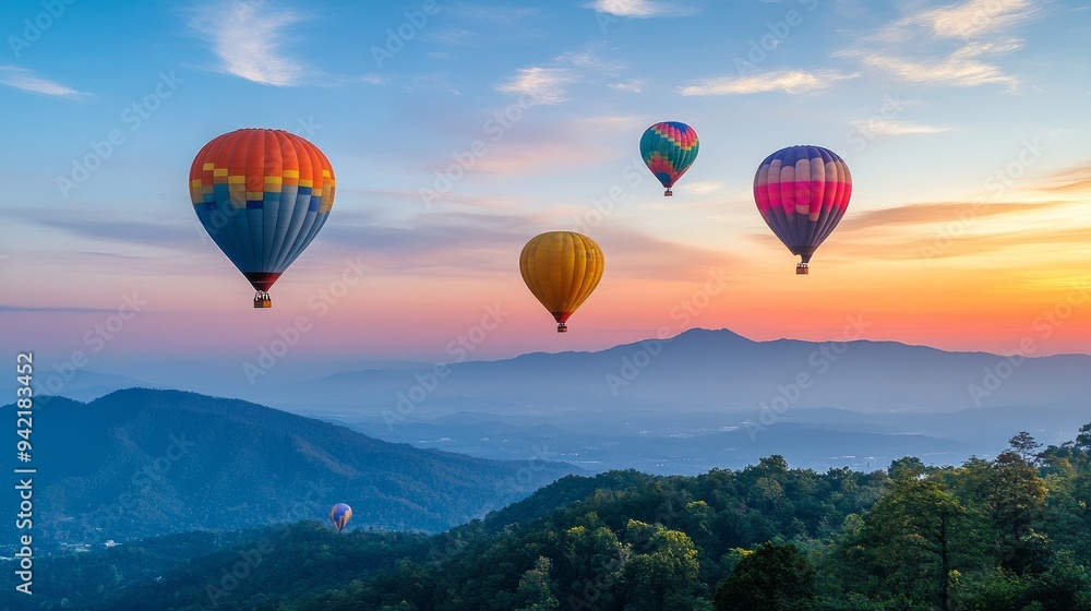 Fototapeta premium Overlooking a peak at Dot Inthanon in Chiang Mai, Thailand, are colorful hot air balloon flights.