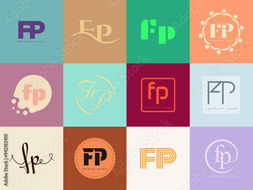 FP logo company template. Letter f and p logotype. Set different classic serif lettering and modern bold text with design elements. Initial font typography. photo