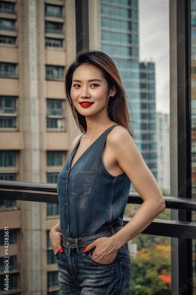 Woman in Denim Against Urban Backdrop Woman in Denim Against Urban Backdrop