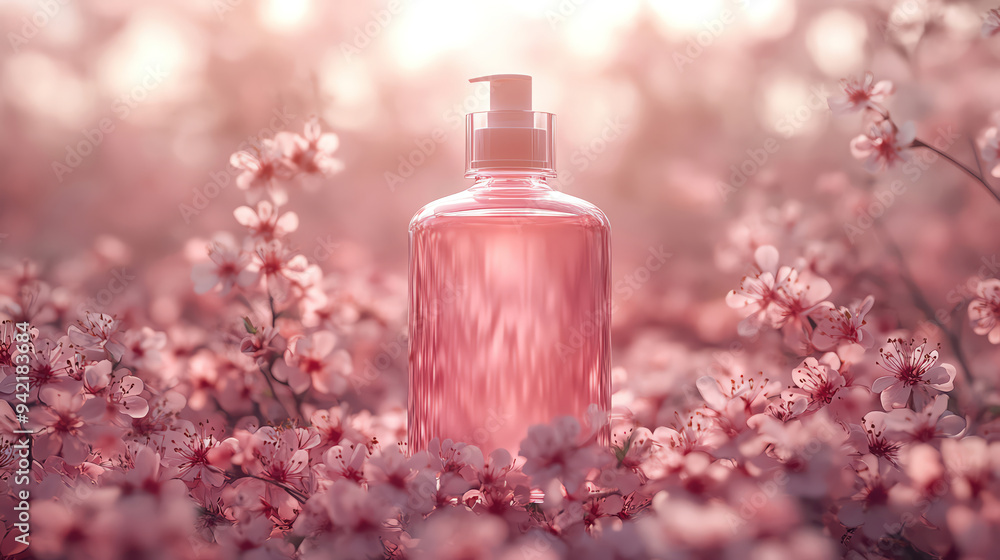 Pink lotion bottle surrounded by blooming pink flowers, soft lighting, and a gentle atmosphere Pink lotion bottle surrounded by blooming pink flowers, soft lighting, and a gentle atmosphere