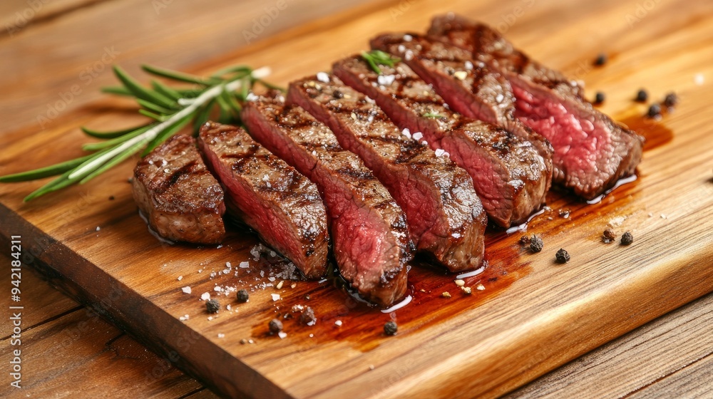 Sliced grilled striploin beef served medium-rare on a wooden board. Sliced grilled striploin beef served medium-rare on a wooden board.