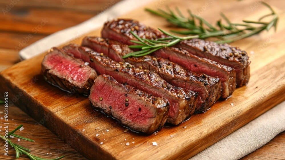 Sliced grilled striploin beef served medium-rare on a wooden board. Sliced grilled striploin beef served medium-rare on a wooden board.