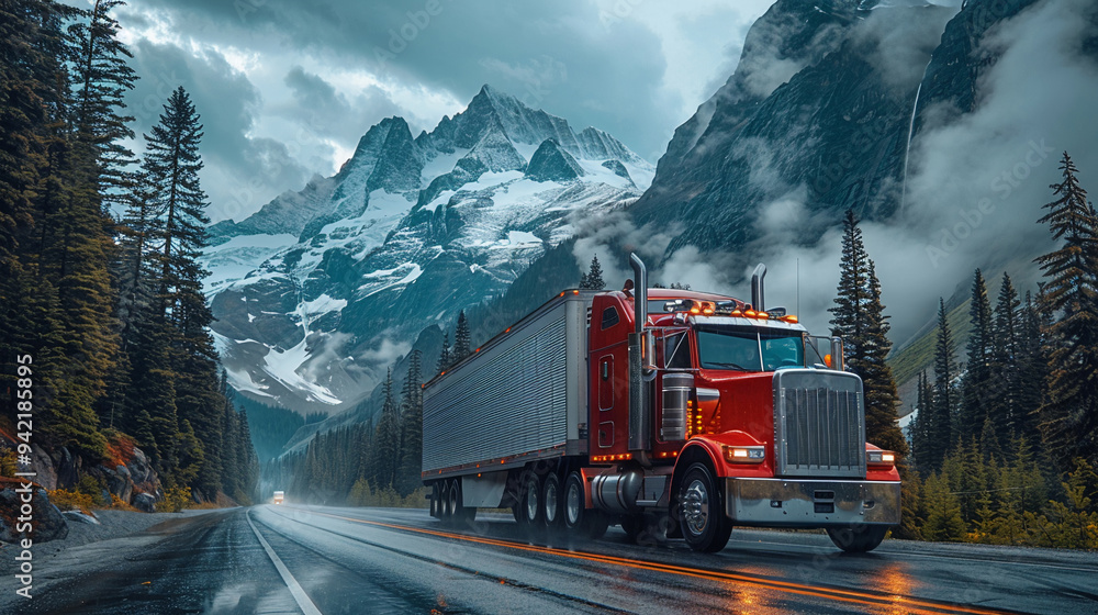 Truck travels down USA Canada highway flanked by towering mountains and forests Truck travels down USA Canada highway flanked by towering mountains and forests