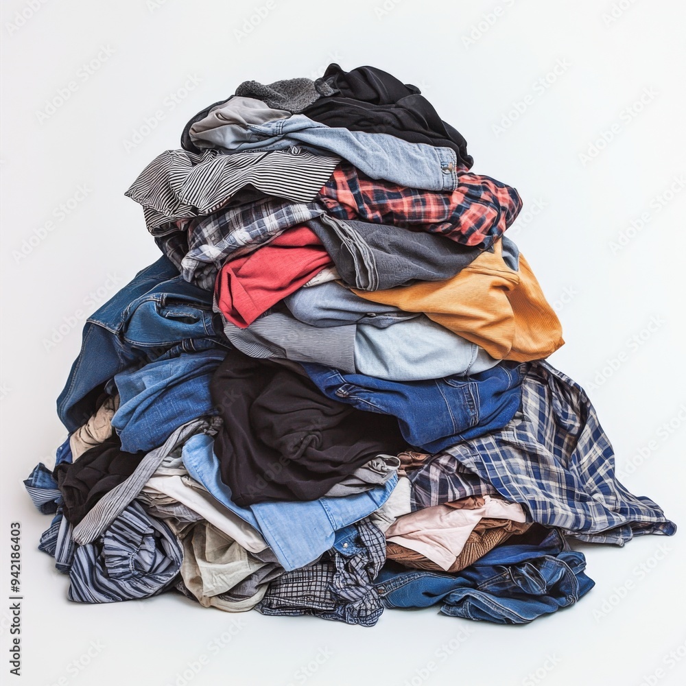 A large pile of laundry sits on a white background. A large pile of laundry sits on a white background.
