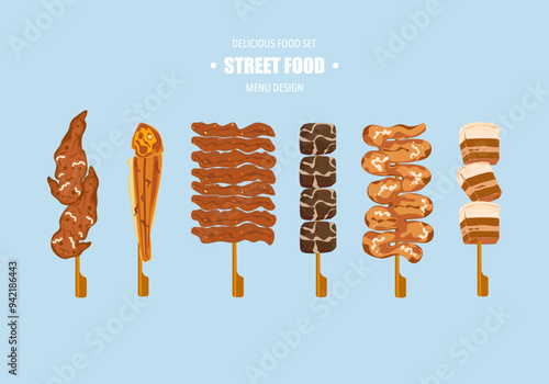 The illustration set of street food Yakitori is served with various skewers. Asian fast food and takeaway restaurants Isolated on a white background cute cartoon for design elements Easy to edit.