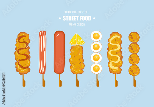 The illustration set of street food Yakitori is served with various skewers. Asian fast food and takeaway restaurants Isolated on a white background cute cartoon for design elements Easy to edit.