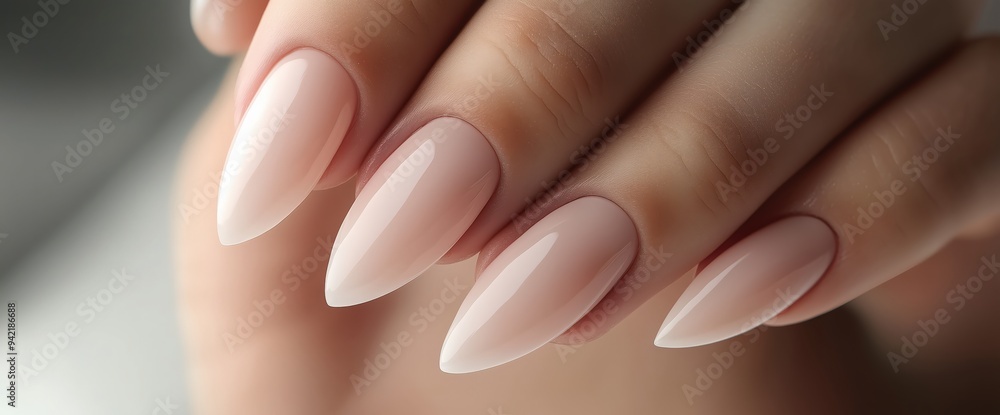 A detailed close-up of hands with a perfectly groomed oval-shaped manicure in a soft light pink hue, emphasizing nail care and beauty. A detailed close-up of hands with a perfectly groomed oval-shaped manicure in a soft light pink hue, emphasizing nail care and beauty.
