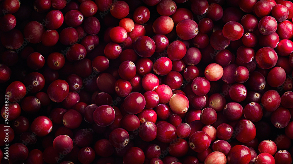 A mound of crimson cranberries atop another pile of red cranberries A mound of crimson cranberries atop another pile of red cranberries