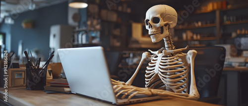 a skeleton using his laptop in the office - halloween work concept photo