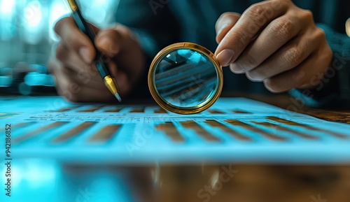 A financially-focused individual using a magnifying glass to explore finance charts and graphs on their desk, while holding a pen in their hand for notes or brainstorming. 