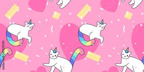 Unicorn cats seamless vector pattern. Cute kitty with colourful horns, tails, big hearts and presents. Magic kitty characters in cartoon style. photo