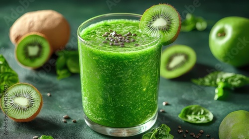 Realistic Green detox smoothie with superfood ingredients, photo