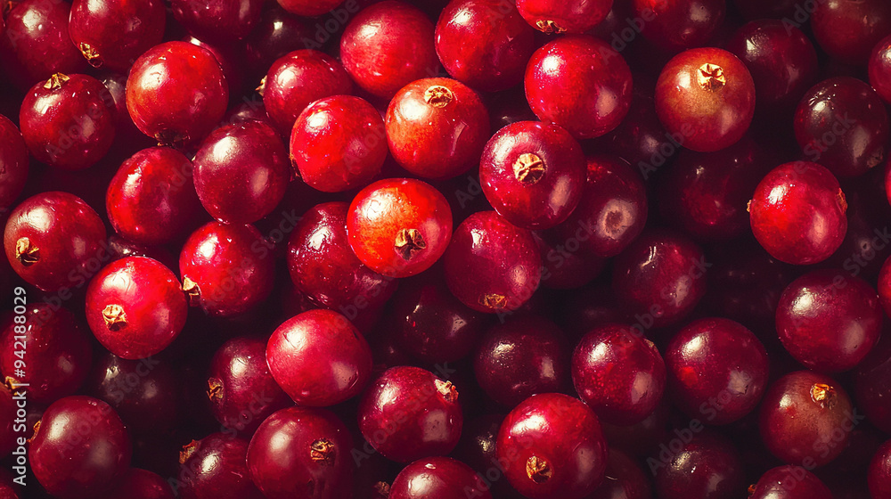 A pile of cranberries next to a pile of red cherries A pile of cranberries next to a pile of red cherries