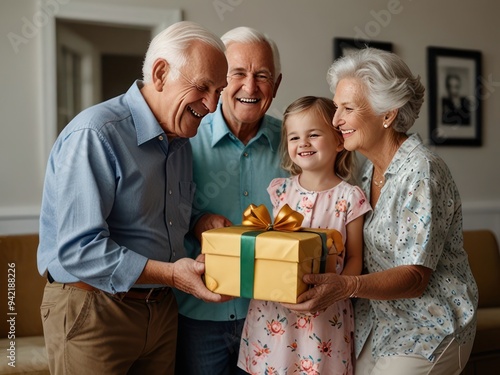 Happy Grandparents Sharing a Special Gift with Their Smiling Granddaughter