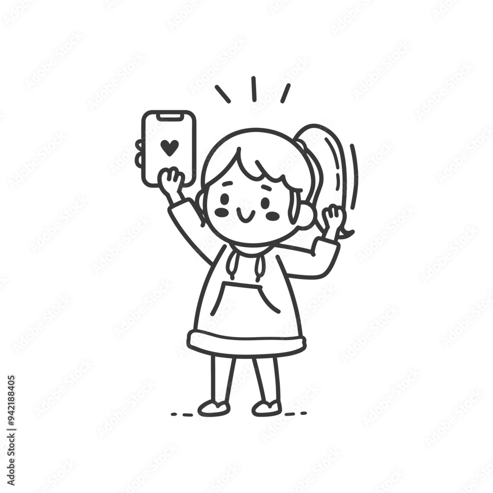 Happy Girl Holding Smartphone with Heart Icon Happy Girl Holding Smartphone with Heart Icon
