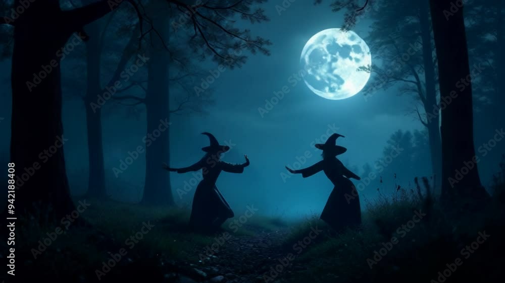 In a mystical forest, a group of witches dance under the full moon, their silhouettes dark against the eerie blue night. The scene exudes enchantment, mystery, and the allure of the supernatural. In a mystical forest, a group of witches dance under the full moon, their silhouettes dark against the eerie blue night. The scene exudes enchantment, mystery, and the allure of the supernatural.