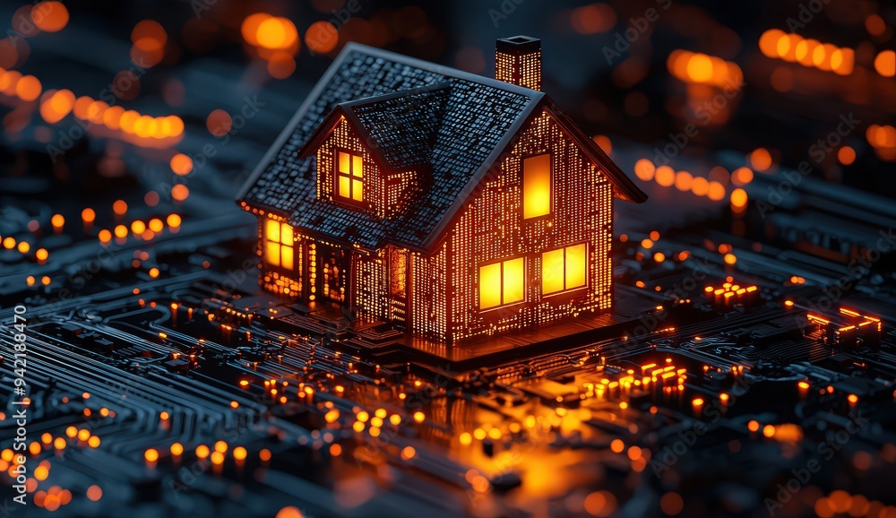 A glowing digital house sits atop an abstract circuit board, surrounded by neon lights and futuristic elements, symbolizing the advanced technology behind smart home system designs. A glowing digital house sits atop an abstract circuit board, surrounded by neon lights and futuristic elements, symbolizing the advanced technology behind smart home system designs.