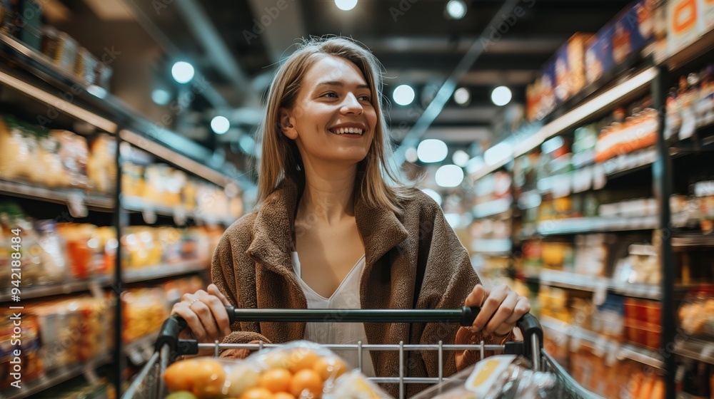 A cheerful woman is enjoying her shopping experience in a welllit supermarket aisle, happily selecting groceries with a full cart. She appears content and satisfied with her choices