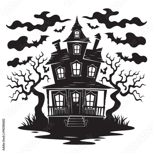 Halloween haunted house castle vector illustration, Halloween background with scary pumpkins candles in the graveyard at night