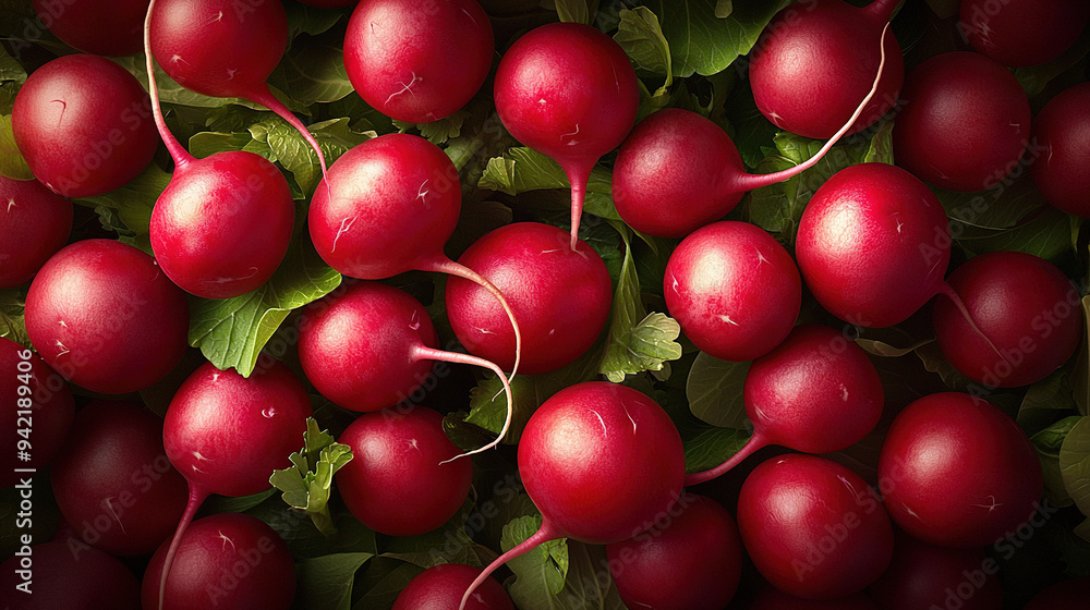 A pile of red radishes topped with green leaves exudes a vibrant red hue A pile of red radishes topped with green leaves exudes a vibrant red hue