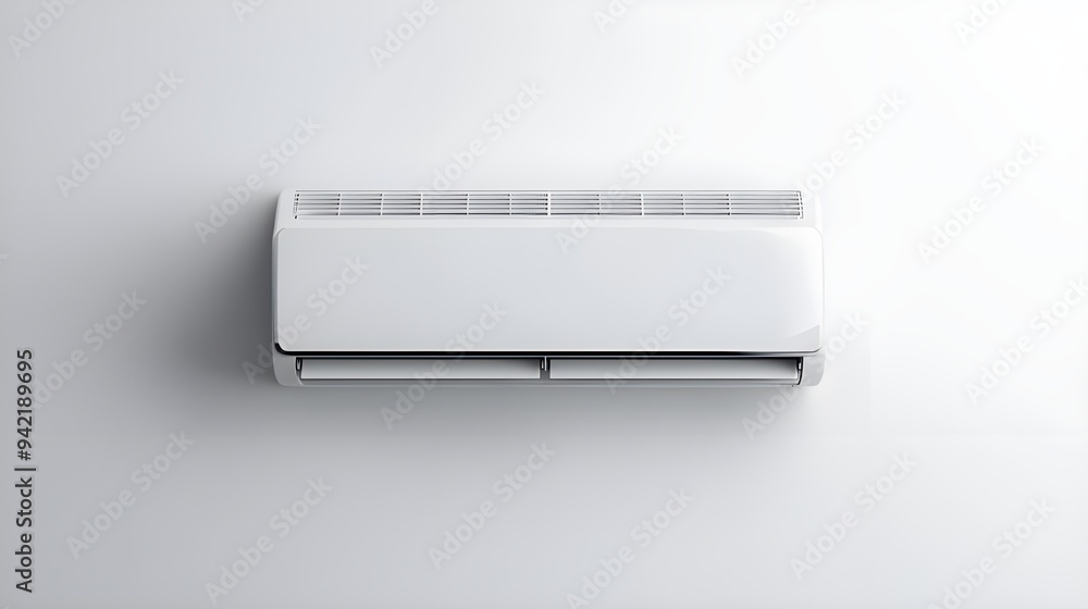 A white air conditioner unit on a white background, showcasing its slim design and simple controls. A white air conditioner unit on a white background, showcasing its slim design and simple controls.