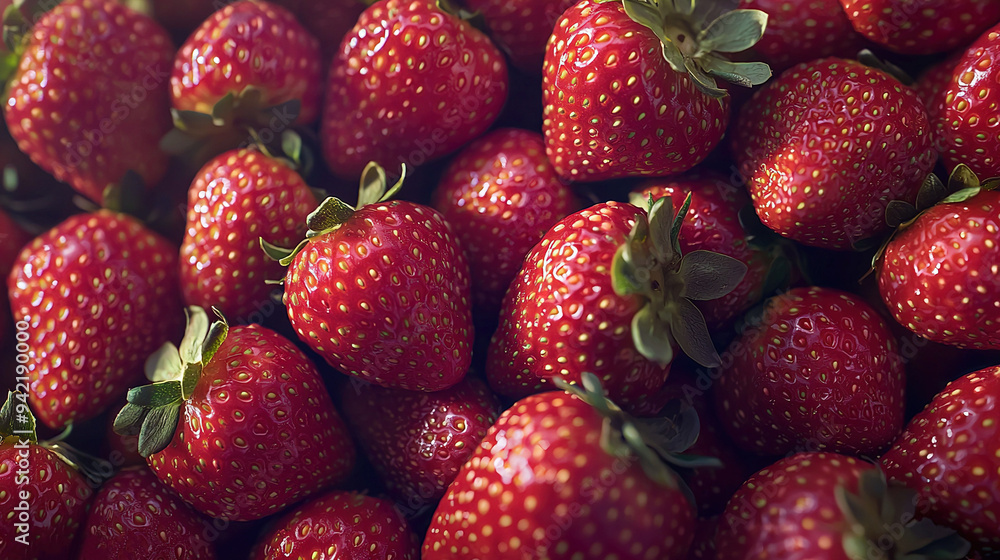 A tower of red strawberries stacked on top of another pile A tower of red strawberries stacked on top of another pile
