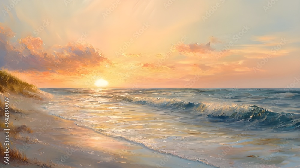 Obraz premium A tranquil painting of a coastal sunset, where warm hues of orange, pink, and gold blend seamlessly across the sky and reflect off the gentle waves of the sea.