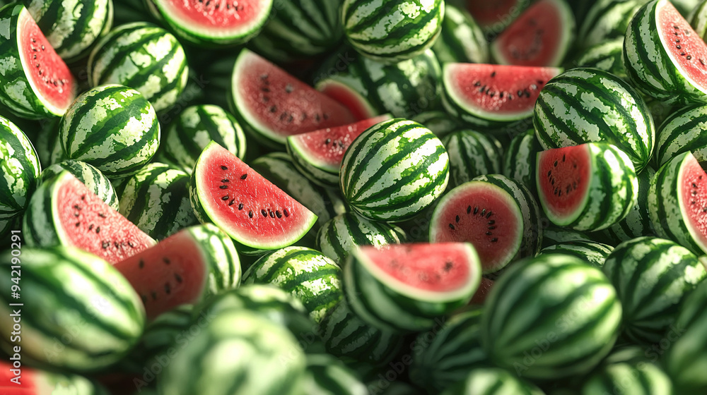 A group of watermelon slices stacked atop a pile of whole watermelons A group of watermelon slices stacked atop a pile of whole watermelons