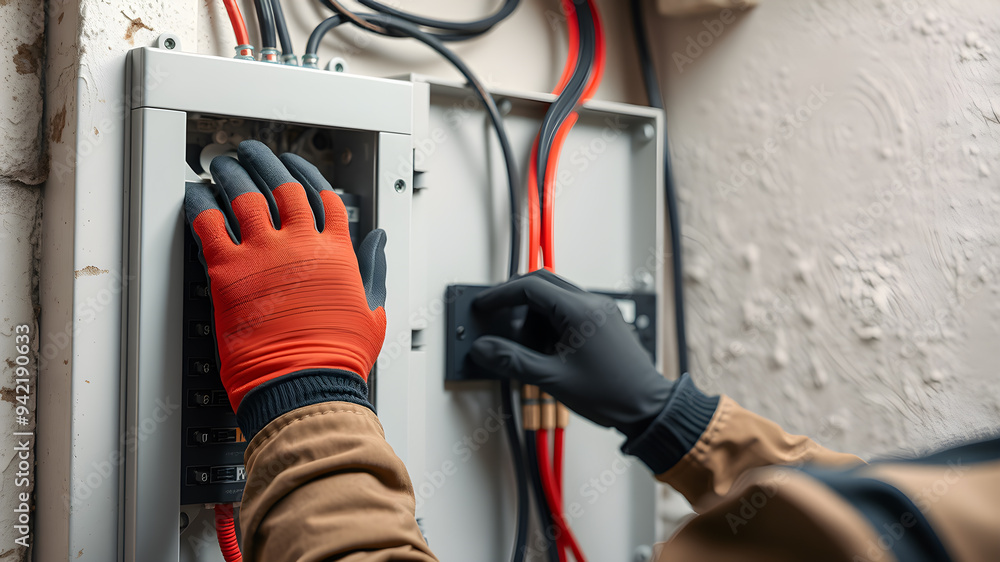 Electrician repairing electrical installations close up. Generative AI Electrician repairing electrical installations close up. Generative AI