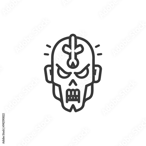 Line Art Illustration of an Angry Skull Face with a Cross on its Forehead