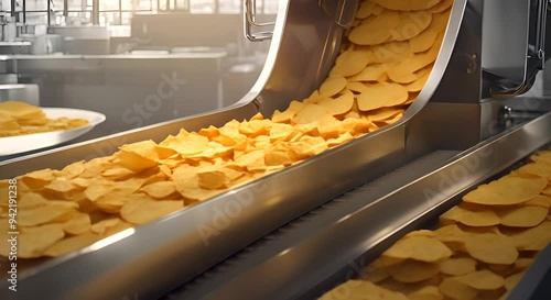 A conveyor belt of chips being seasoned and flad before being packaged 4k animation photo