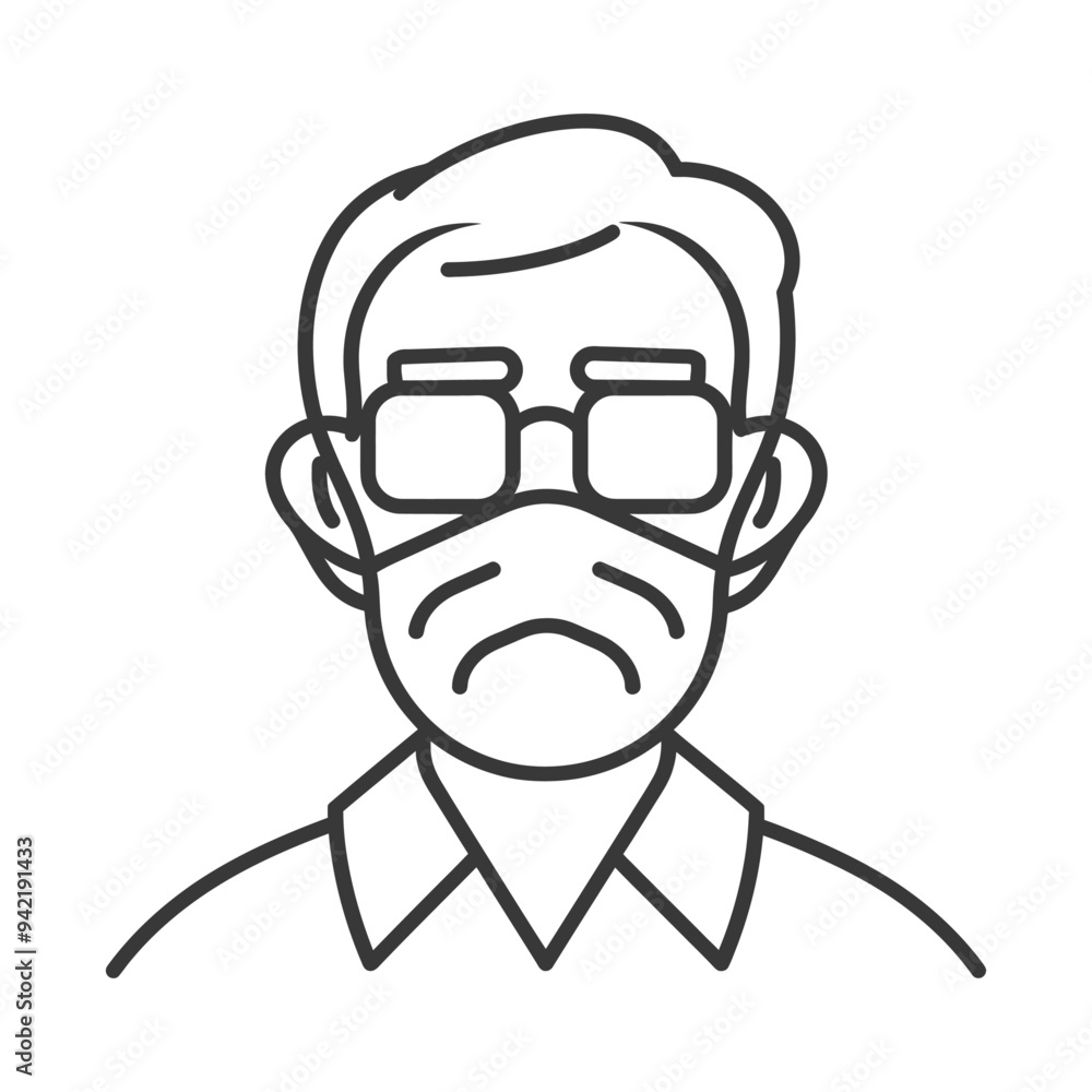 Line art illustration of an older man wearing a face mask and glasses Line art illustration of an older man wearing a face mask and glasses