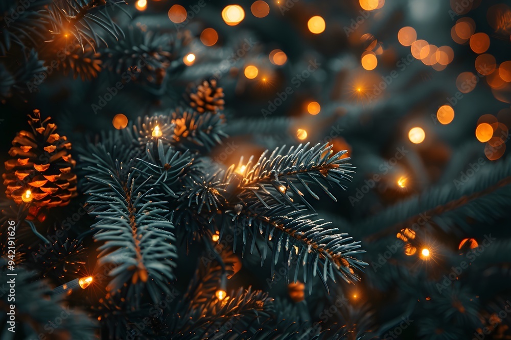 Fototapeta premium Festive Christmas Tree with Glowing Lights, Sparkling Bokeh, and Pine Cones for Seasonal Holiday Decor