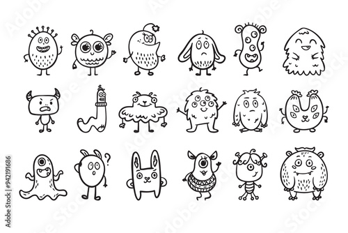 Monster alien doodle set, funny and cutes monster, hand drawn cartoon line monsters.