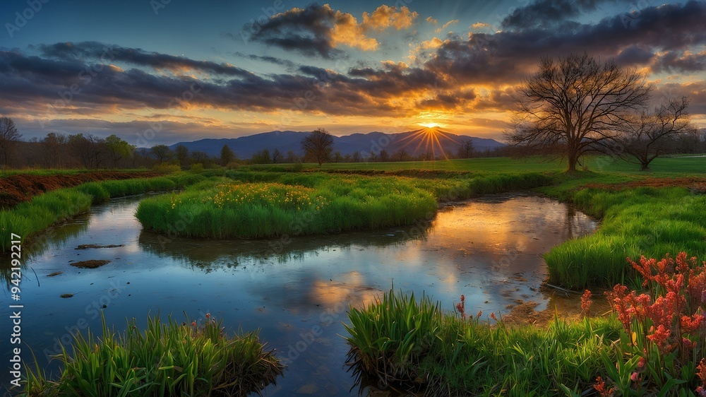 Obraz premium Spring landscape. Sunset over the river