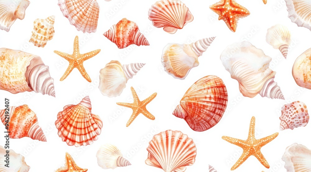 This beautiful watercolor illustration features various seashells and starfish, perfect for beachthemed designs, decor, and creative projects that capture the essence of the ocean This beautiful watercolor illustration features various seashells and starfish, perfect for beachthemed designs, decor, and creative projects that capture the essence of the ocean