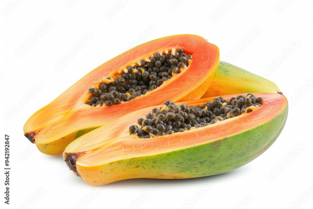 A papaya cut in half lying on a white surface, fresh and ready to use or be consumed A papaya cut in half lying on a white surface, fresh and ready to use or be consumed