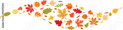 Autumn leaf border.Wave of falling leaves.Leaf fall.Autumn flying leaves.Watercolor leaves in the wind.Autumn leaves seamless border.	