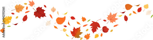 Autumn leaf border.Wave of falling leaves.Leaf fall.Autumn flying leaves.Watercolor leaves in the wind.Autumn leaves seamless border.	